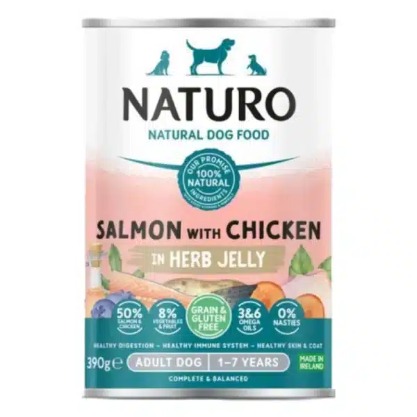 Konserva Skuloy Naturo Dog Adult Grain Free Solomos Kotopoylo Frouta Kai Lachanika 390gr 1000x1000h
